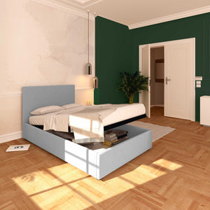 Baldiflex letto contenitore piazza e mezza in ecopelle sfoderabile Rossano grigio chiaro da sinistra