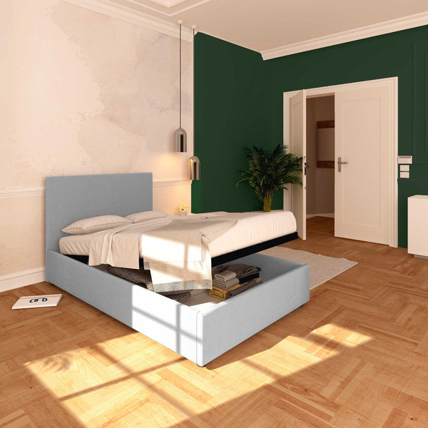 Baldiflex letto contenitore piazza e mezza in ecopelle sfoderabile Rossano grigio chiaro da sinistra