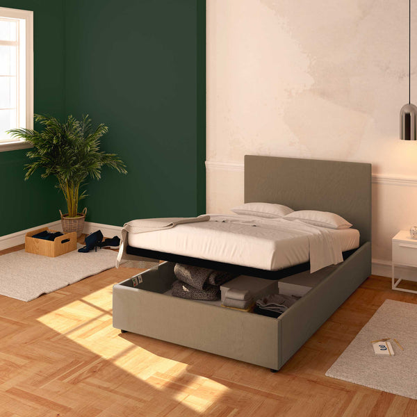 Baldiflex letto contenitore piazza e mezza in ecopelle sfoderabile Rossano grigio talpa da destra