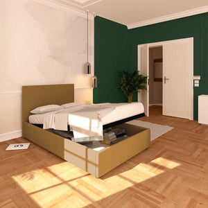 Baldiflex letto contenitore piazza e mezza in ecopelle sfoderabile Rossano nocciola da sinistra