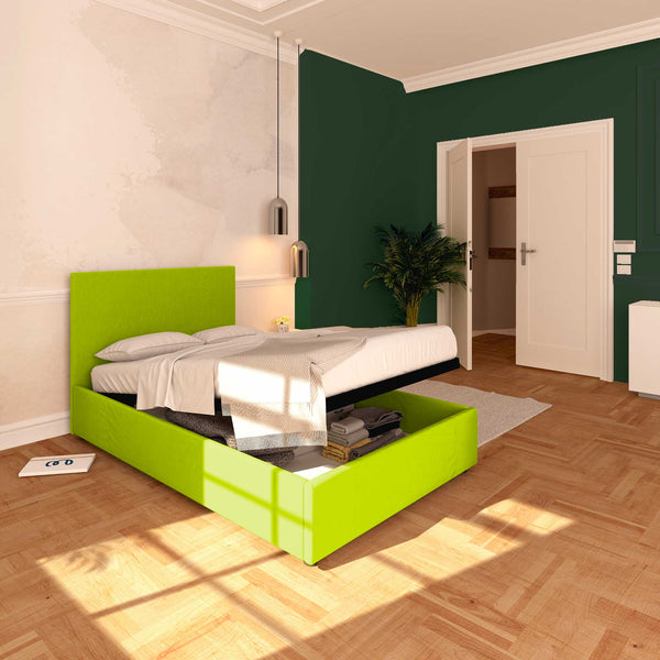 Baldiflex letto contenitore piazza e mezza in ecopelle sfoderabile Rossano verde mela da sinistra