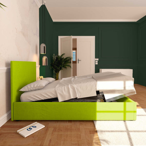 Baldiflex letto contenitore piazza e mezza in ecopelle sfoderabile Rossano verde mela laterale