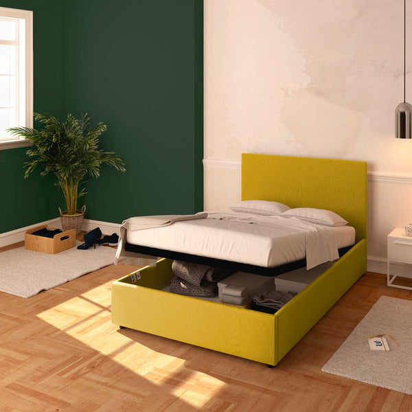 Baldiflex letto contenitore una piazza e mezza in tessuto sfoderabile Rossano giallo senape da destra