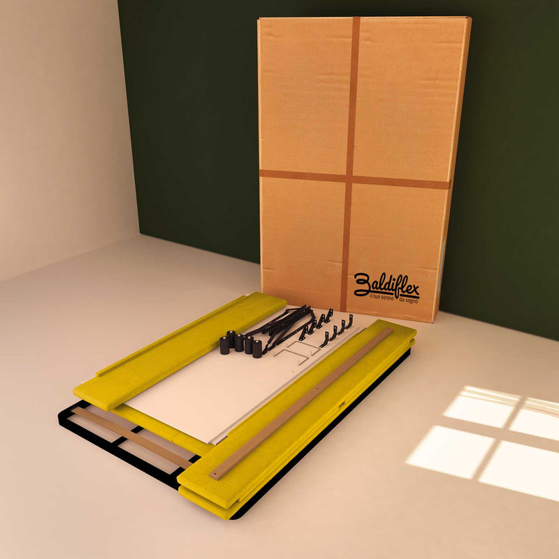 Baldiflex letto contenitore una piazza e mezza in tessuto sfoderabile Rossano giallo senape scatola