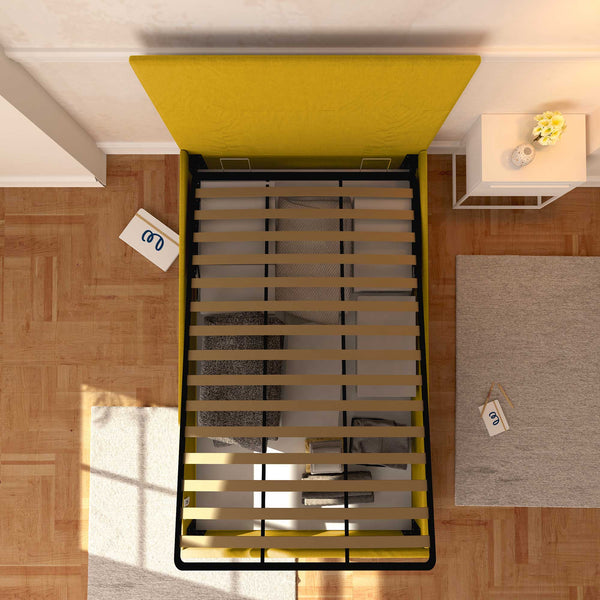 Baldiflex letto contenitore una piazza e mezza in tessuto sfoderabile Rossano giallo senape top