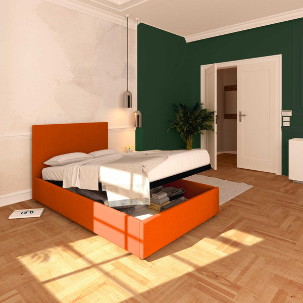 Baldiflex letto contenitore una piazza e mezza in tessuto sfoderabile Rossano arancione da sinistra