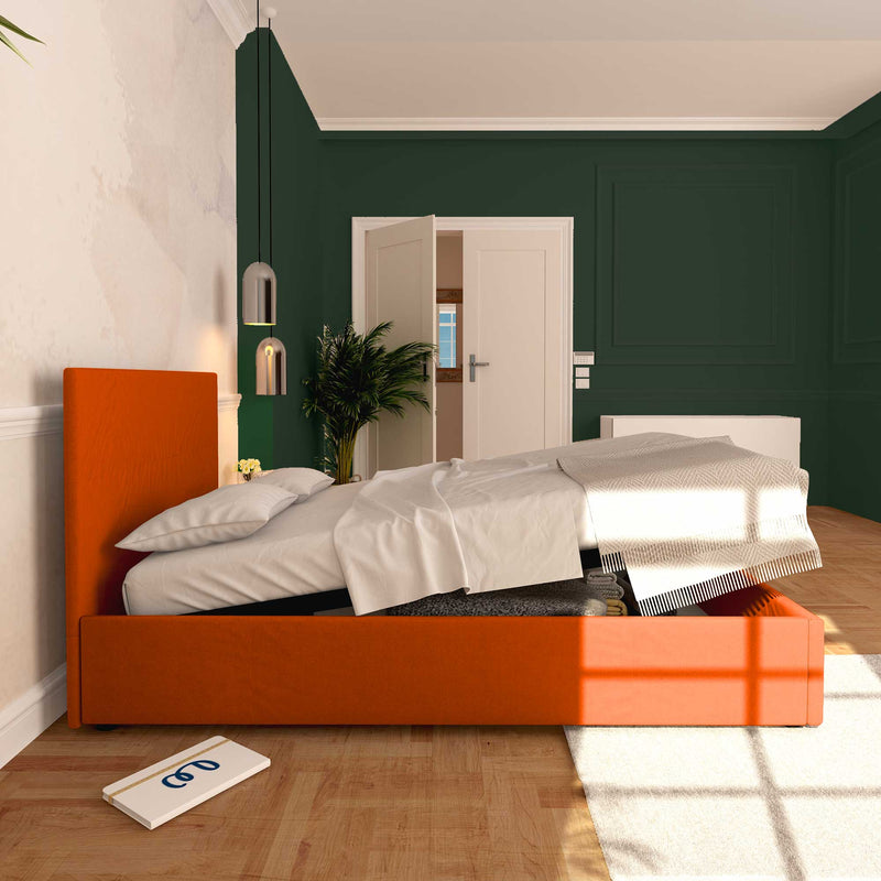 Baldiflex letto contenitore una piazza e mezza in tessuto sfoderabile Rossano arancione laterale
