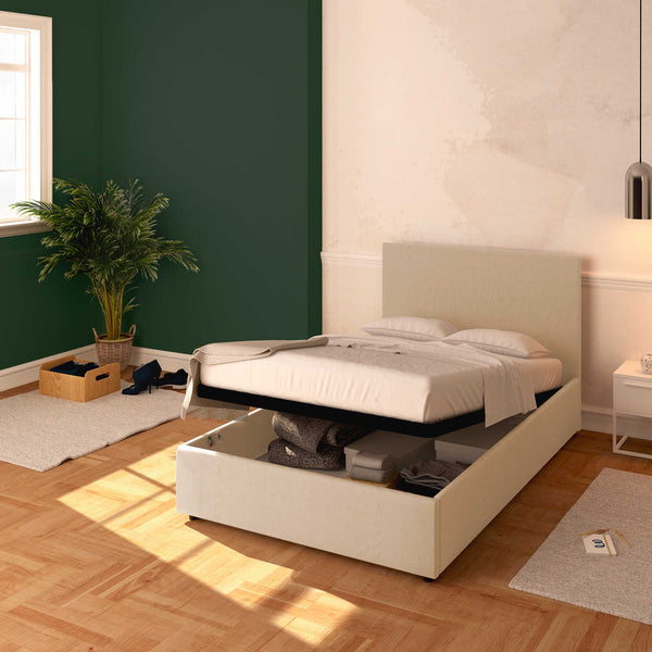 Baldiflex letto contenitore una piazza e mezza in tessuto sfoderabile Rossano beige da destra