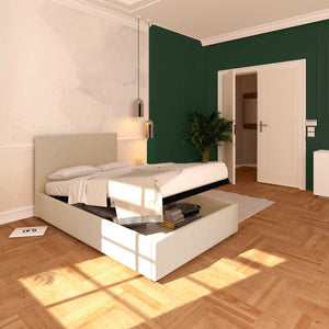 Baldiflex letto contenitore una piazza e mezza in tessuto sfoderabile Rossano beige da sinistra