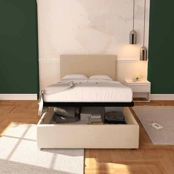 Baldiflex letto contenitore una piazza e mezza in tessuto sfoderabile Rossano beige