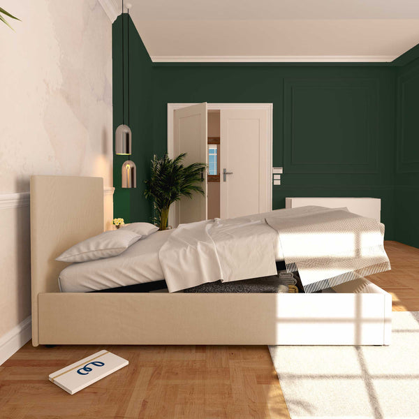 Baldiflex letto contenitore una piazza e mezza in tessuto sfoderabile Rossano beige laterale