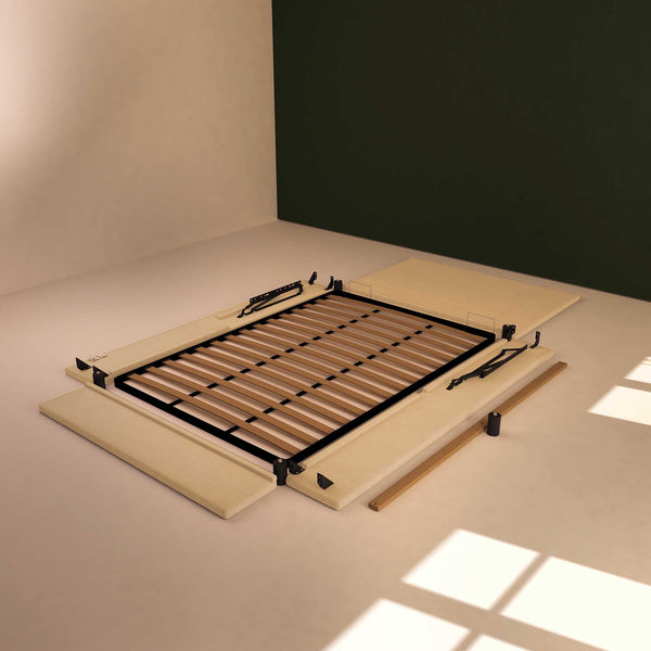 Baldiflex letto contenitore una piazza e mezza in tessuto sfoderabile Rossano beige smontato