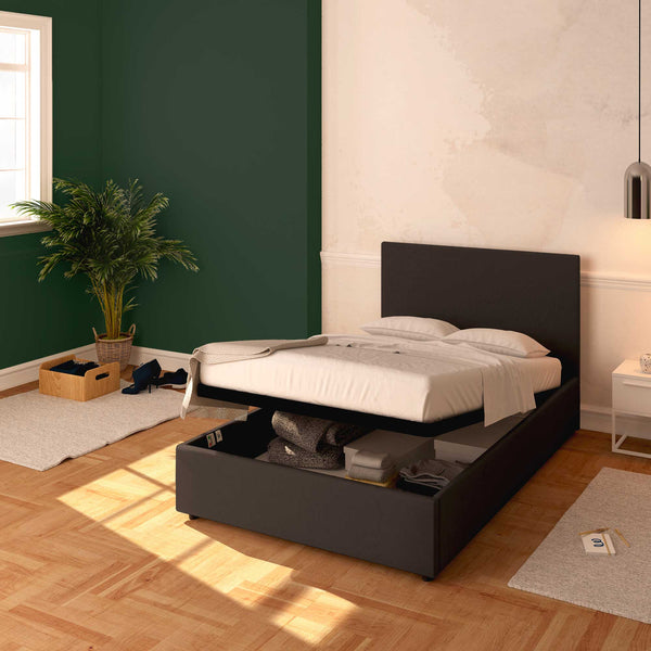 Baldiflex letto contenitore una piazza e mezza in tessuto sfoderabile Rossano caffè da destra