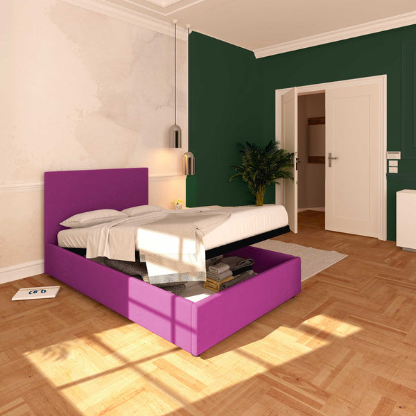 Baldiflex letto contenitore una piazza e mezza in tessuto sfoderabile Rossano fucsia da sinistra