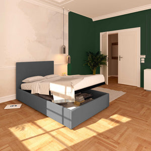 Baldiflex letto contenitore una piazza e mezza in tessuto sfoderabile Rossano grigio antracite da sinistra