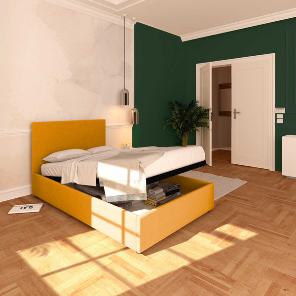 Baldiflex letto contenitore una piazza e mezza in tessuto sfoderabile Rossano mango da sinistra