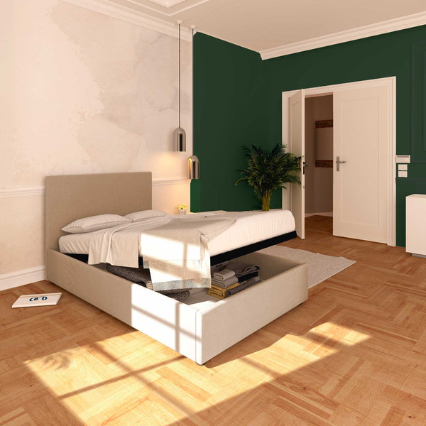 Baldiflex letto contenitore una piazza e mezza in tessuto sfoderabile Rossano grigio talpa da sinistra