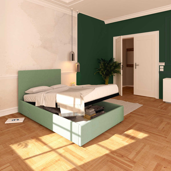 Baldiflex letto contenitore una piazza e mezza in tessuto sfoderabile Rossano verde menta da sinistra