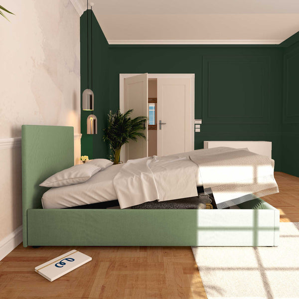 Baldiflex letto contenitore una piazza e mezza in tessuto sfoderabile Rossano verde menta laterale