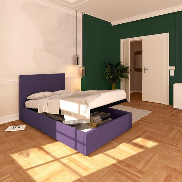 Baldiflex letto contenitore una piazza e mezza in tessuto sfoderabile Rossano viola da sinistra