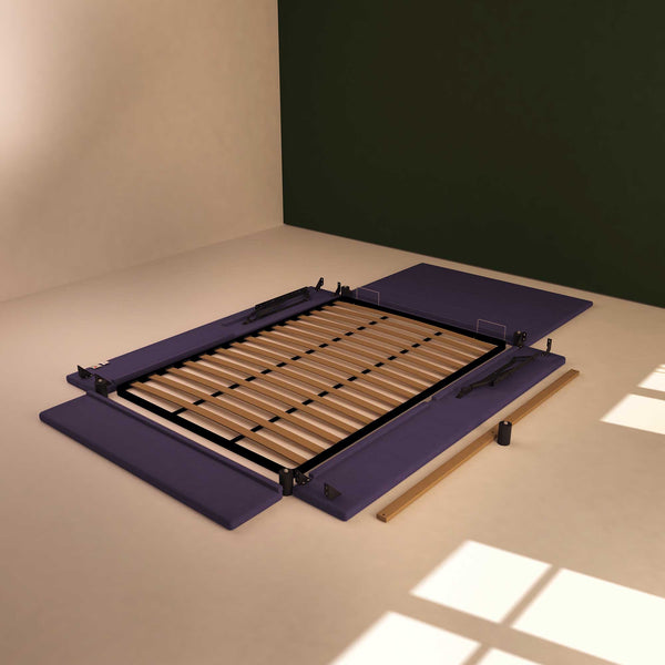 Baldiflex letto contenitore una piazza e mezza in tessuto sfoderabile Rossano viola smontato