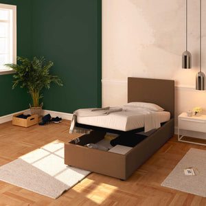 Baldiflex letto contenitore singolo in ecopelle sfoderabile Rossano caffè da destra