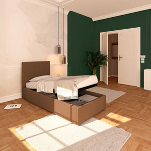 Baldiflex letto contenitore singolo in ecopelle sfoderabile Rossano caffè da sinistra