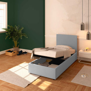 Baldiflex letto contenitore singolo in ecopelle sfoderabile Rossano grigio chiaro da destra