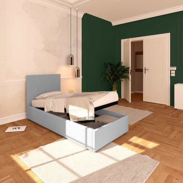 Baldiflex letto contenitore singolo in ecopelle sfoderabile Rossano grigio chiaro da sinistra