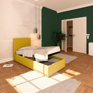 Baldiflex letto contenitore singolo in tessuto sfoderabile Rossano giallo senape da sinistra