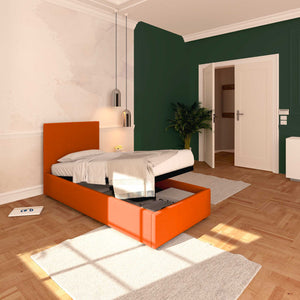 Baldiflex letto contenitore singolo in tessuto sfoderabile Rossano arancione da sinistra