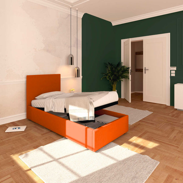 Baldiflex letto contenitore singolo in tessuto sfoderabile Rossano arancione da sinistra