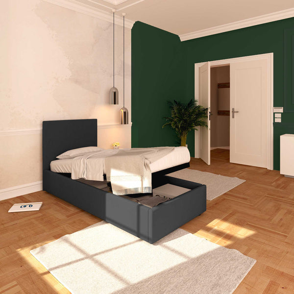 Baldiflex letto contenitore singolo in tessuto sfoderabile Rossano grigio grafite da sinistra