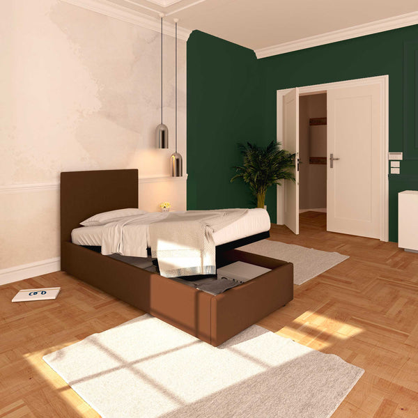 Baldiflex letto contenitore singolo in tessuto sfoderabile Rossano marrone da sinistra