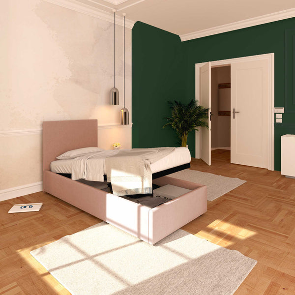 Baldiflex letto contenitore singolo in tessuto sfoderabile Rossano rosa antico da sinistra