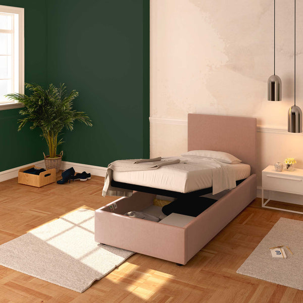 Baldiflex letto contenitore singolo in tessuto sfoderabile Rossano rosa antico