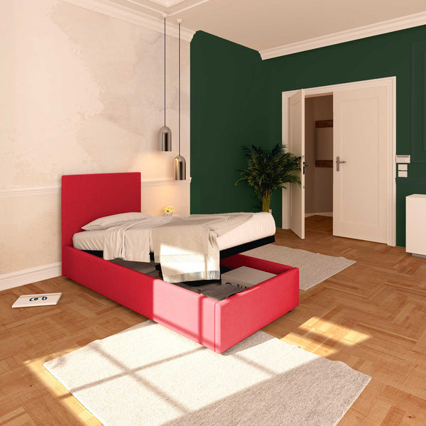Baldiflex letto contenitore singolo in tessuto sfoderabile Rossano rosso da sinistra