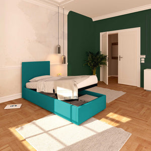 Baldiflex letto contenitore singolo in tessuto sfoderabile Rossano turchese da sinistra