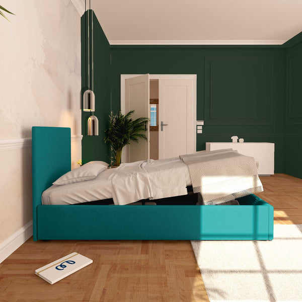 Baldiflex letto contenitore singolo in tessuto sfoderabile Rossano turchese laterale