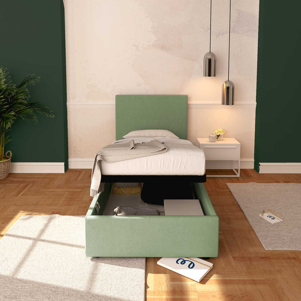 Baldiflex letto contenitore singolo in tessuto sfoderabile Rossano verde menta frontale