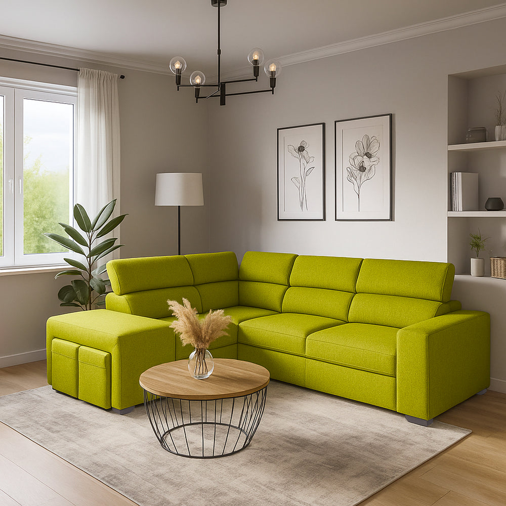 Divano letto angolare con due cubi pouf Gregory