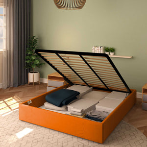 Baldiflex letto contenitore king size queen size senza testata in ecopelle Cloe arancione da destra con rete alzata