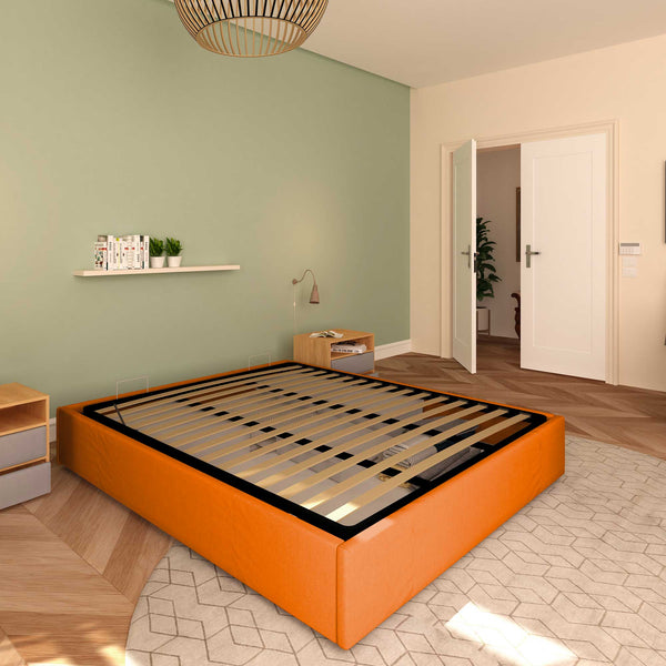 Baldiflex letto contenitore king size queen size senza testata in ecopelle Cloe arancione da sinistra