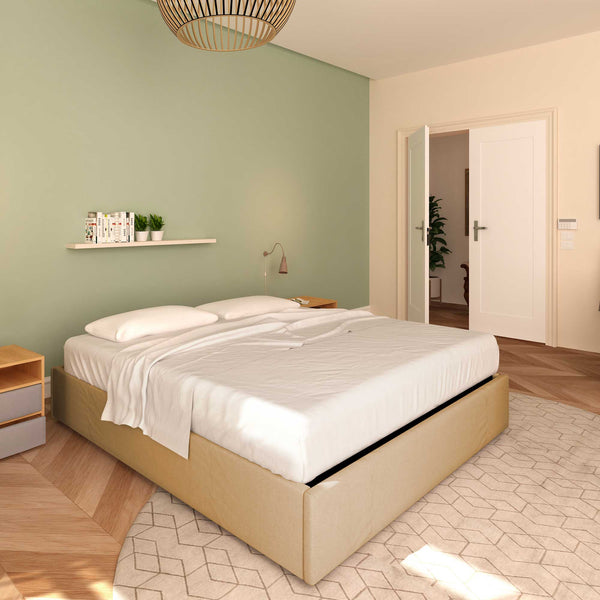 Baldiflex letto contenitore king size queen size senza testata in ecopelle Cloe beige da sinistra con materasso