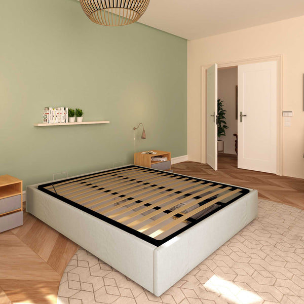 Baldiflex letto contenitore king size queen size senza testata in ecopelle Cloe beige chiaro da sinistra