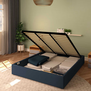Baldiflex letto contenitore king size queen size senza testata in ecopelle Cloe blu notte da destra rete alzata