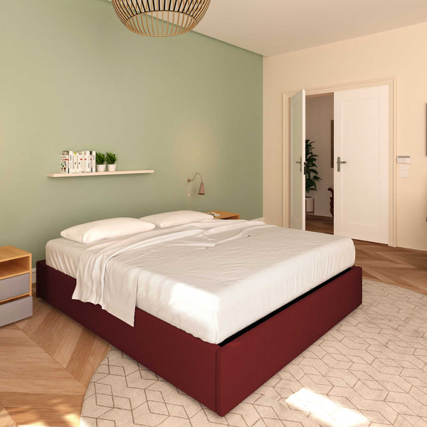 Baldiflex letto contenitore king size queen size senza testata in ecopelle Cloe bordeaux da sinistra con materasso