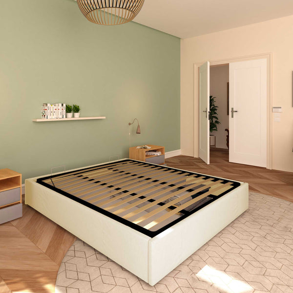 Baldiflex letto contenitore king size queen size senza testata in ecopelle Cloe crema da sinistra