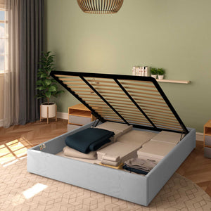 Baldiflex letto contenitore king size queen size senza testata in ecopelle Cloe grigio chiaro da destra con rete alzata