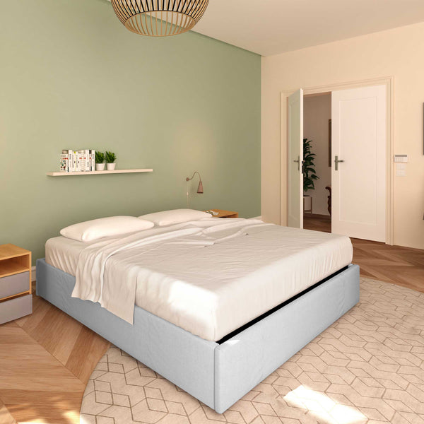 Baldiflex letto contenitore king size queen size senza testata in ecopelle Cloe grigio chiaro da sinistra con materasso